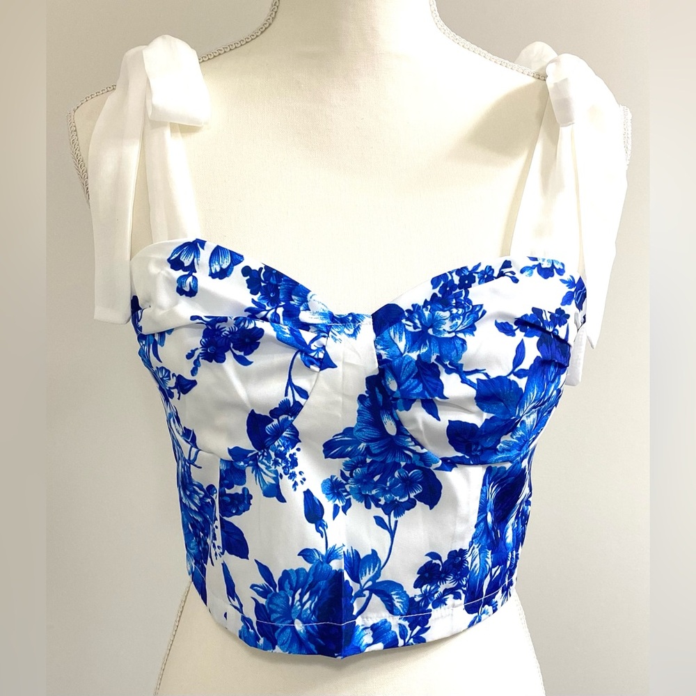 Joress Womens M Blue White Floral Corset Crop Top Boho Y2K Summer Cottagecore